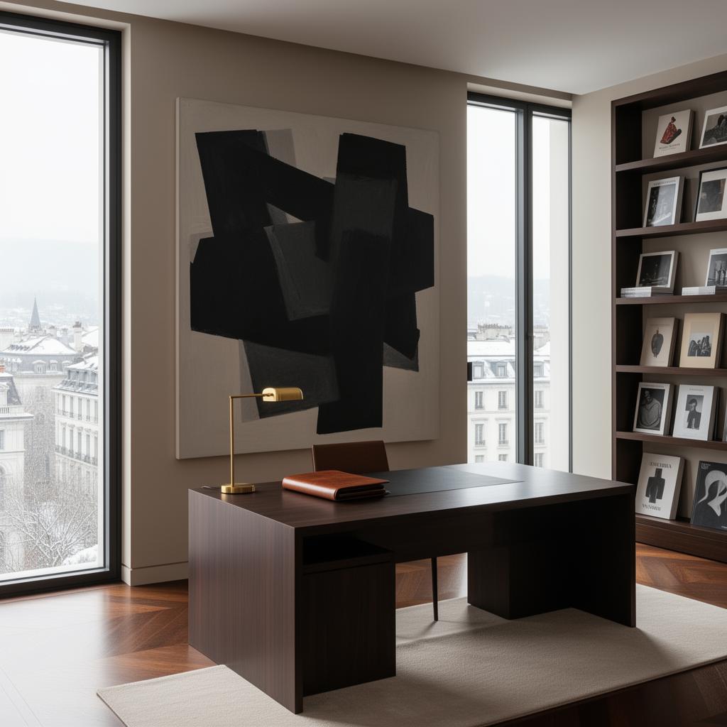 Bureau de dirigeant à Genève avec peinture abstraite contemporaine et bibliothèque