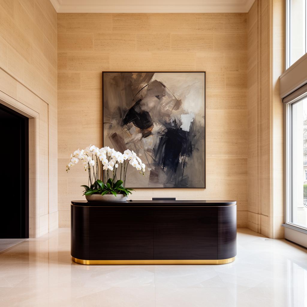 Hall de réception d'un cabinet d'avocats parisien avec œuvre contemporaine grand format